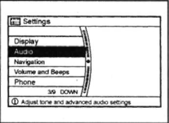 • Вы можете выбрать настройку сервисных функций и режимов работы аудиосистемы (AF, REG, PTY, ТА Volume, On Volume, Speed Sensitive Volume), как описано ниже, или настроить звучание аудиосистемы (Bass, Treble, Balance, Fader). Для этого выделите с помощью джойстика требуемую строку меню и затем подтвердите выбранную настройку нажатием на кнопку ENTER.